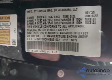 2021 Honda Pilot Awd Ex-L из США, поврежденный, VIN 5FNYF6H59MB021022